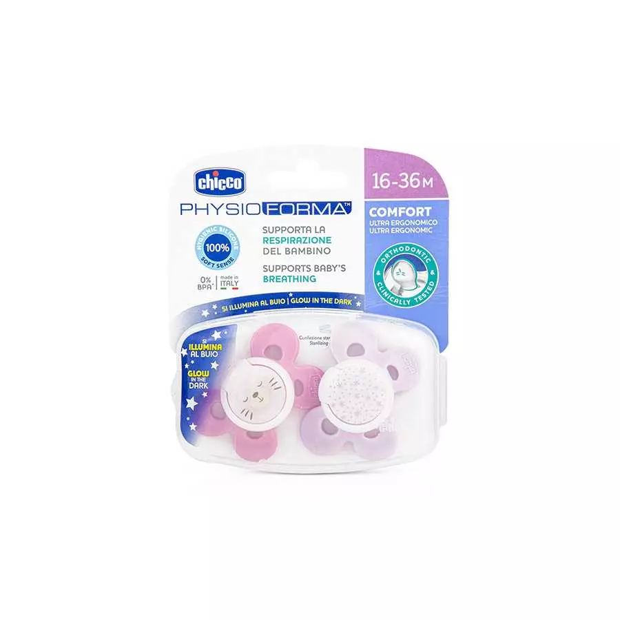 CHICCO SOOTHER GLOW IN THE DARK PINK 16-36M Chicco شيكو لهاية تضيء في الظلام زهري 16-36 شهر – Chicco Glow in the Dark Pacifier Pink 16-36 Months - الصورة 1