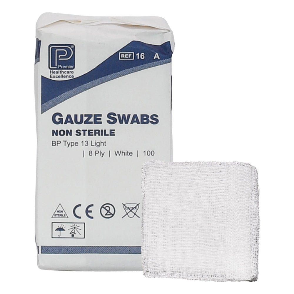 Premier_Cotton_Gauze_Swabs_8ply_Various_Sizes_Pack_of_100 شاش طبي نوع 13 – 8 طبقات 7.5×7.5 سم غير مطوي صندوق يحتوي 100 قطعة (Gauze Swabs Type 13 – 8PLY 7.5×7.5 Unfolded box of 100 pieces - الصورة 1