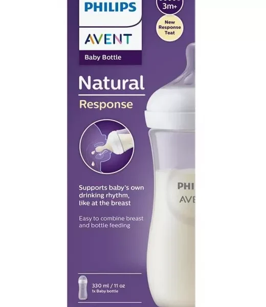 Philips Avent Natural Response 3M+ Feeding Bottle 330ml – رضاعة افينت ناتشورال ريسبونس 3 أشهر+ 330 مل، رضاعة بيبي، حلمة تحاكي الرضاعة الطبيعية، مضاد مغص BPA Free